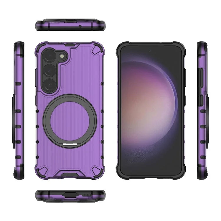 For Samsung Galaxy S23 Magnetic Case Vertical Stripe Anti-Slip PC+TPU Phone Cover Kickstand Ring Holder
