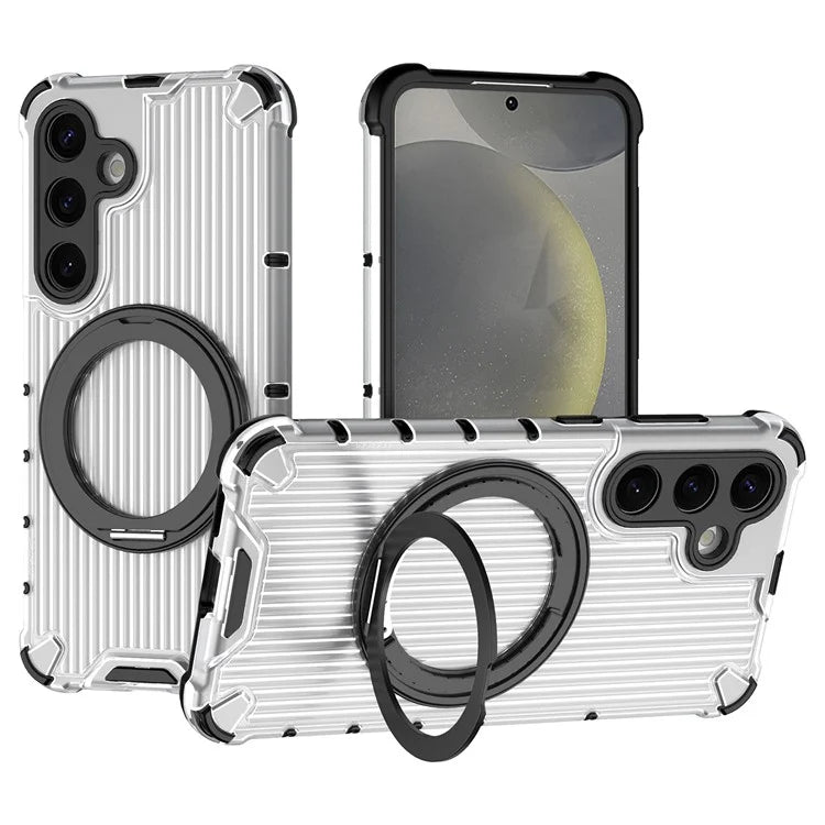 For Samsung Galaxy S24 Magnetic Case Vertical Stripe PC+TPU Shockproof Cover Rotatable Ring Holder
