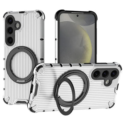 For Samsung Galaxy S24 Magnetic Case Vertical Stripe PC+TPU Shockproof Cover Rotatable Ring Holder