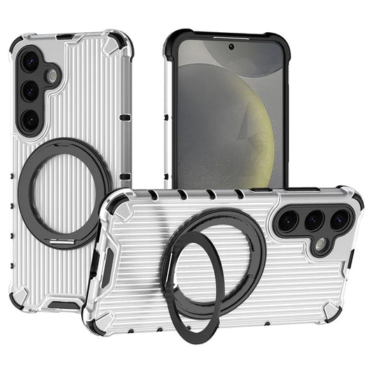 For Samsung Galaxy S24 Magnetic Case Vertical Stripe PC+TPU Shockproof Cover Rotatable Ring Holder