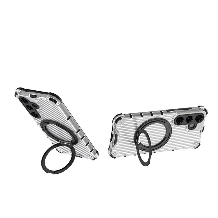 For Samsung Galaxy S24 Magnetic Case Vertical Stripe PC+TPU Shockproof Cover Rotatable Ring Holder