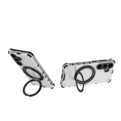 For Samsung Galaxy S24 Magnetic Case Vertical Stripe PC+TPU Shockproof Cover Rotatable Ring Holder