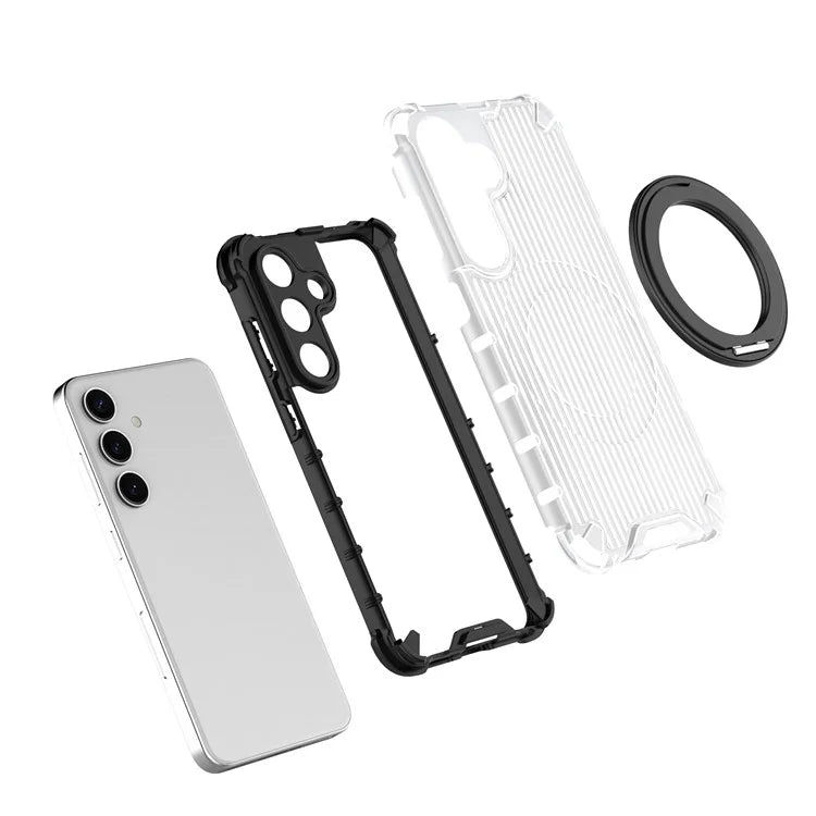 For Samsung Galaxy S24 Magnetic Case Vertical Stripe PC+TPU Shockproof Cover Rotatable Ring Holder