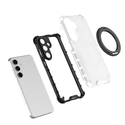 For Samsung Galaxy S24 Magnetic Case Vertical Stripe PC+TPU Shockproof Cover Rotatable Ring Holder