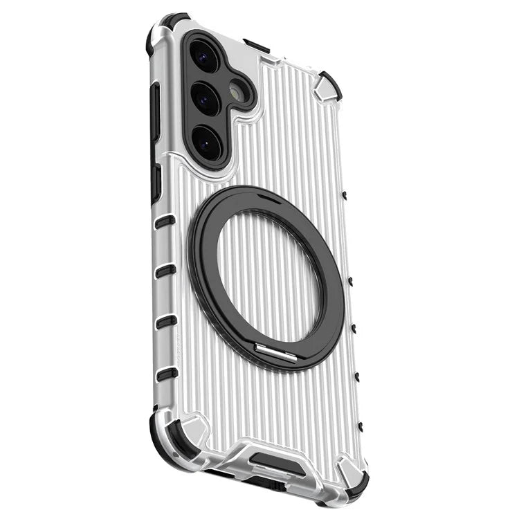 For Samsung Galaxy S24 Magnetic Case Vertical Stripe PC+TPU Shockproof Cover Rotatable Ring Holder