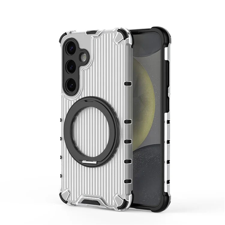 For Samsung Galaxy S24 Magnetic Case Vertical Stripe PC+TPU Shockproof Cover Rotatable Ring Holder