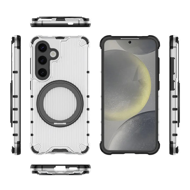 For Samsung Galaxy S24 Magnetic Case Vertical Stripe PC+TPU Shockproof Cover Rotatable Ring Holder