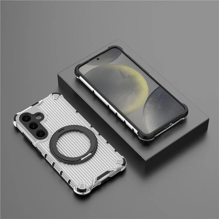 For Samsung Galaxy S24 Magnetic Case Vertical Stripe PC+TPU Shockproof Cover Rotatable Ring Holder