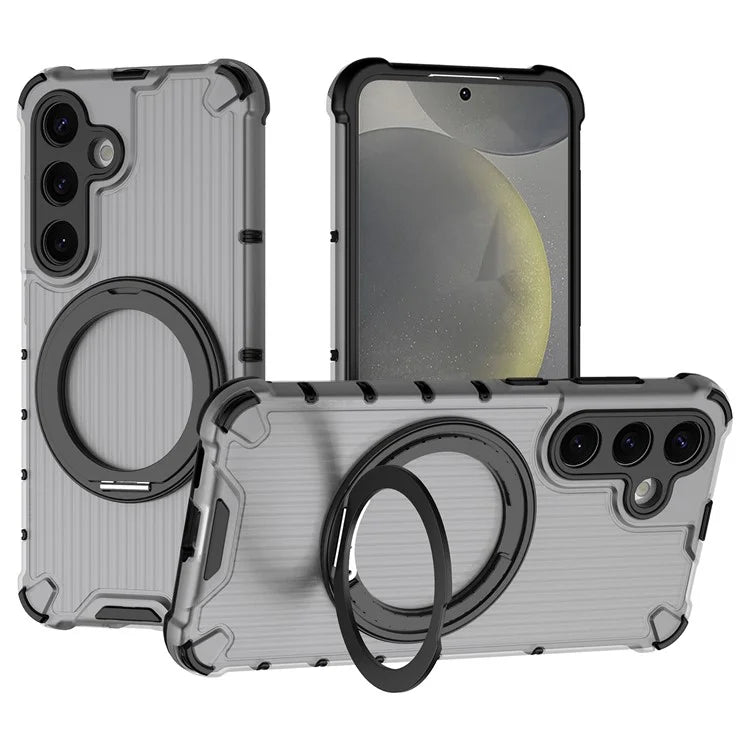 For Samsung Galaxy S24 Magnetic Case Vertical Stripe PC+TPU Shockproof Cover Rotatable Ring Holder