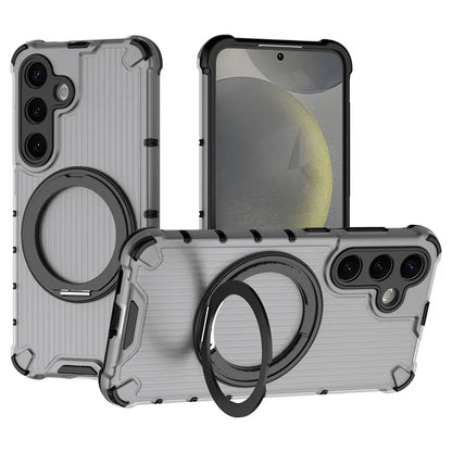 For Samsung Galaxy S24 Magnetic Case Vertical Stripe PC+TPU Shockproof Cover Rotatable Ring Holder