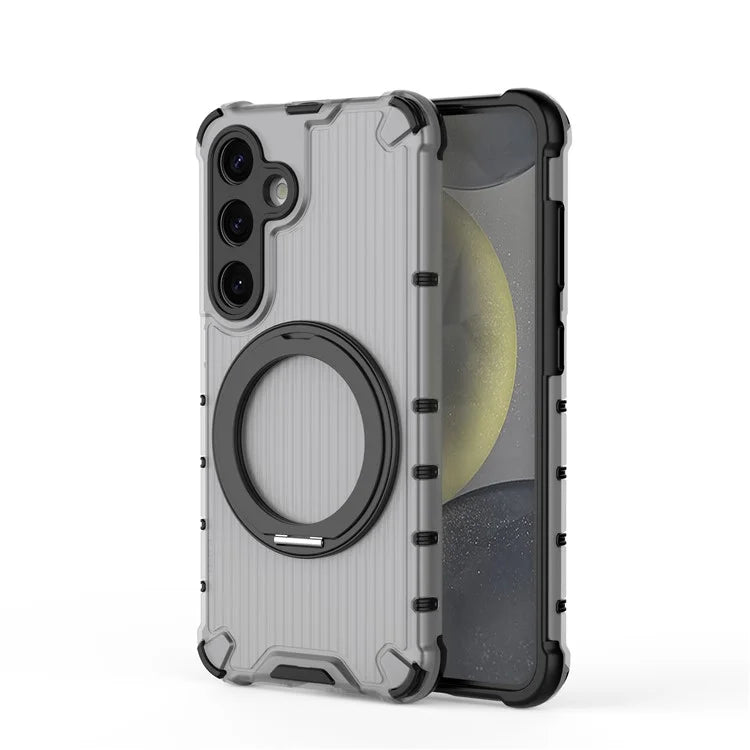 For Samsung Galaxy S24 Magnetic Case Vertical Stripe PC+TPU Shockproof Cover Rotatable Ring Holder
