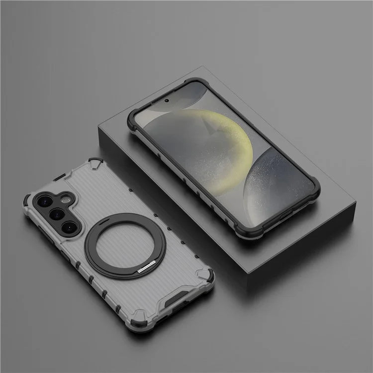 For Samsung Galaxy S24 Magnetic Case Vertical Stripe PC+TPU Shockproof Cover Rotatable Ring Holder
