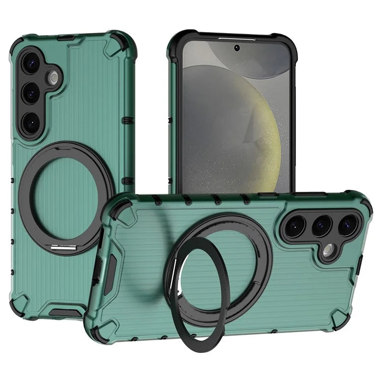 For Samsung Galaxy S24 Magnetic Case Vertical Stripe PC+TPU Shockproof Cover Rotatable Ring Holder
