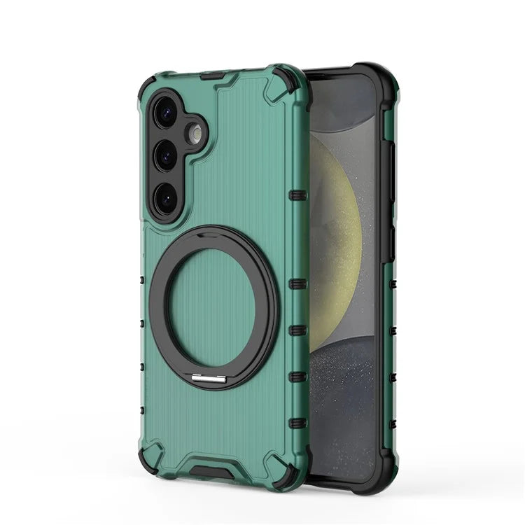For Samsung Galaxy S24 Magnetic Case Vertical Stripe PC+TPU Shockproof Cover Rotatable Ring Holder