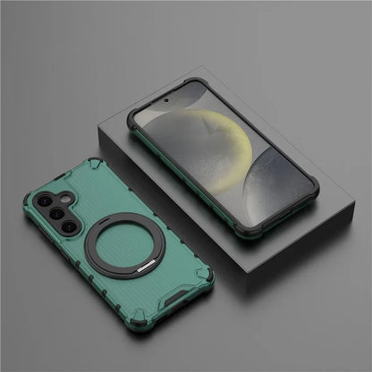 For Samsung Galaxy S24 Magnetic Case Vertical Stripe PC+TPU Shockproof Cover Rotatable Ring Holder