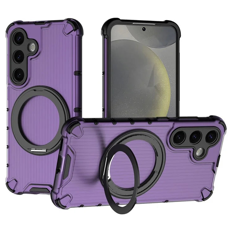 For Samsung Galaxy S24 Magnetic Case Vertical Stripe PC+TPU Shockproof Cover Rotatable Ring Holder