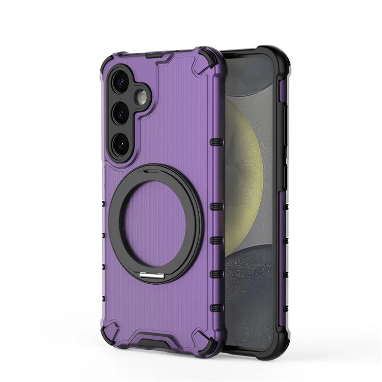 For Samsung Galaxy S24 Magnetic Case Vertical Stripe PC+TPU Shockproof Cover Rotatable Ring Holder