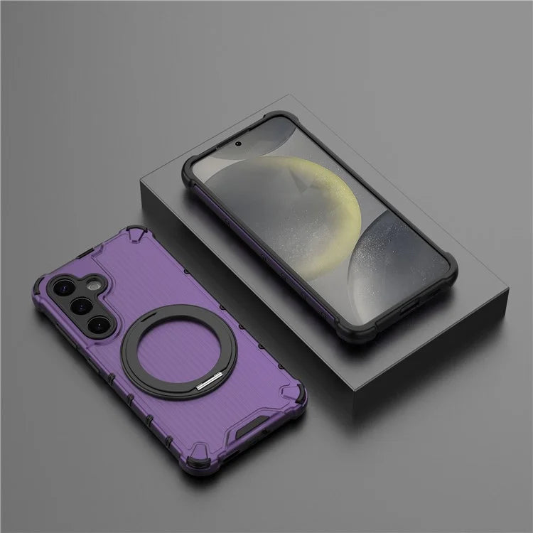 For Samsung Galaxy S24 Magnetic Case Vertical Stripe PC+TPU Shockproof Cover Rotatable Ring Holder