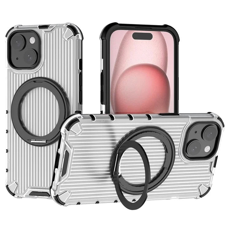 For iPhone 15 Case Vertical Stripe Back PC+TPU Magnetic Ring Kickstand Phone Cover