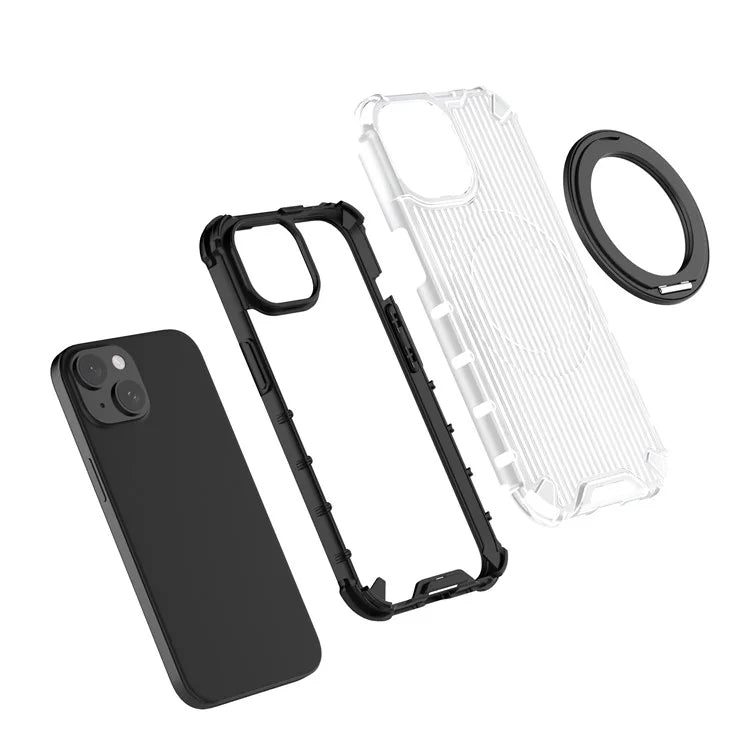 For iPhone 15 Case Vertical Stripe Back PC+TPU Magnetic Ring Kickstand Phone Cover