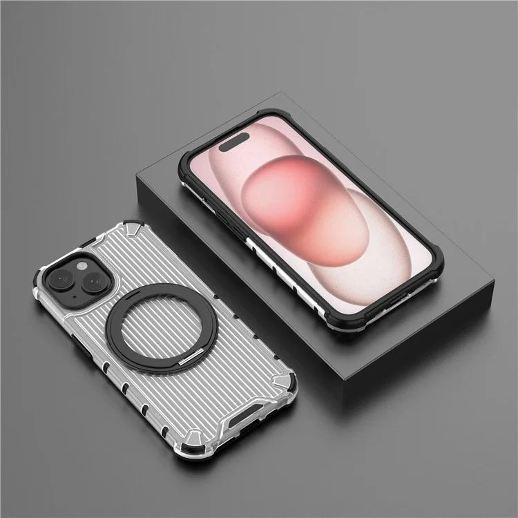For iPhone 15 Case Vertical Stripe Back PC+TPU Magnetic Ring Kickstand Phone Cover