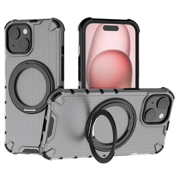 For iPhone 15 Case Vertical Stripe Back PC+TPU Magnetic Ring Kickstand Phone Cover