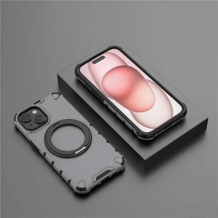 For iPhone 15 Case Vertical Stripe Back PC+TPU Magnetic Ring Kickstand Phone Cover