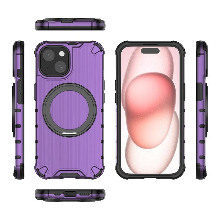 For iPhone 15 Case Vertical Stripe Back PC+TPU Magnetic Ring Kickstand Phone Cover