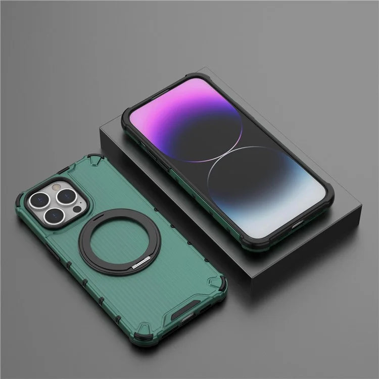 For iPhone 13 Pro Max Magnetic Case Rotatabl Ring Kickstand Drop-Proof PC+TPU Phone Cover