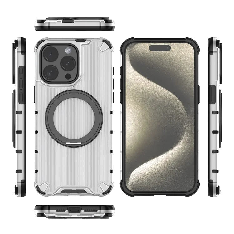 For iPhone 15 Pro Max Case Rotating Kickstand PC+TPU Phone Cover Compatible with MagSafe