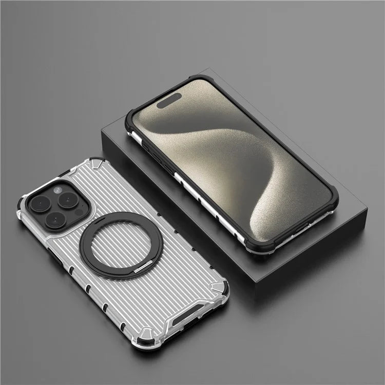 For iPhone 15 Pro Max Case Rotating Kickstand PC+TPU Phone Cover Compatible with MagSafe