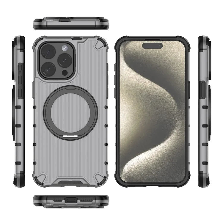 For iPhone 15 Pro Max Case Rotating Kickstand PC+TPU Phone Cover Compatible with MagSafe
