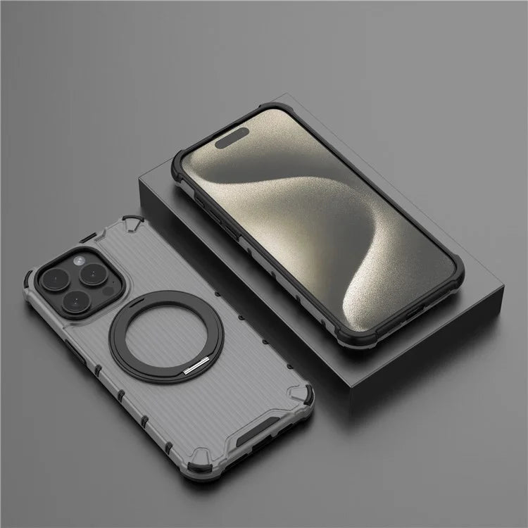 For iPhone 15 Pro Max Case Rotating Kickstand PC+TPU Phone Cover Compatible with MagSafe