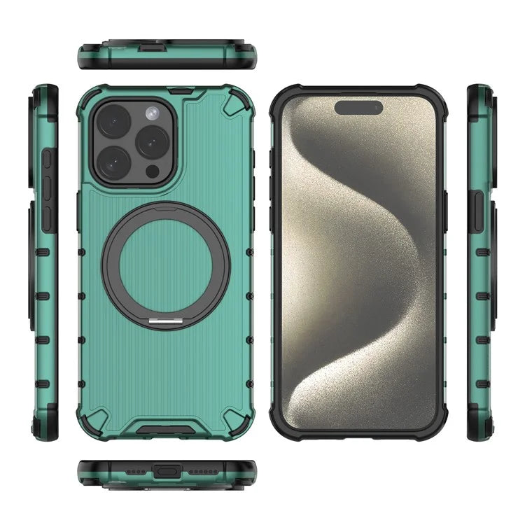 For iPhone 15 Pro Max Case Rotating Kickstand PC+TPU Phone Cover Compatible with MagSafe