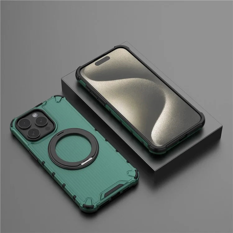 For iPhone 15 Pro Max Case Rotating Kickstand PC+TPU Phone Cover Compatible with MagSafe