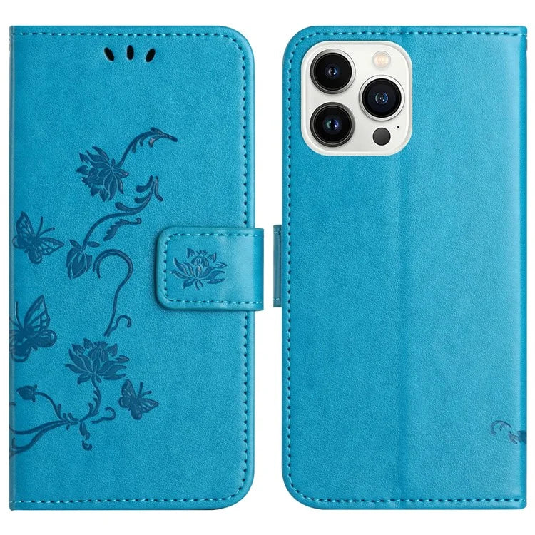 For iPhone 16 Pro Case PU Leather Wallet Phone Cover Butterfly Flower Pattern