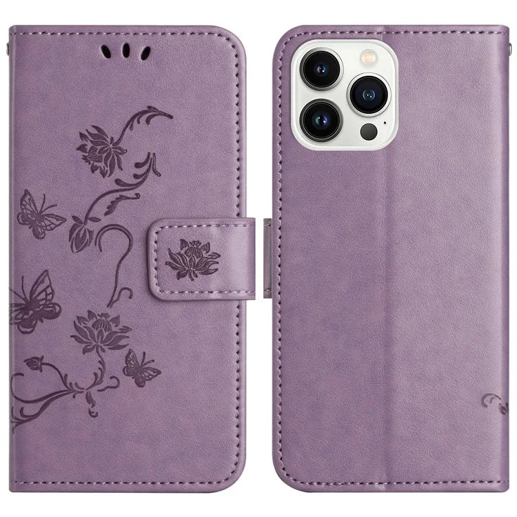 For iPhone 16 Pro Case PU Leather Wallet Phone Cover Butterfly Flower Pattern