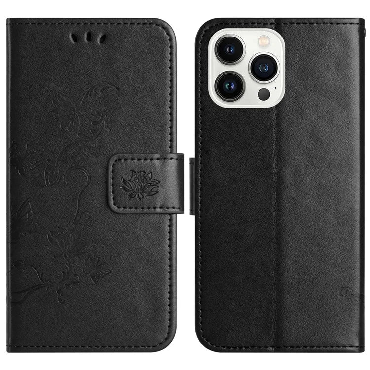 For iPhone 16 Pro Case PU Leather Wallet Phone Cover Butterfly Flower Pattern
