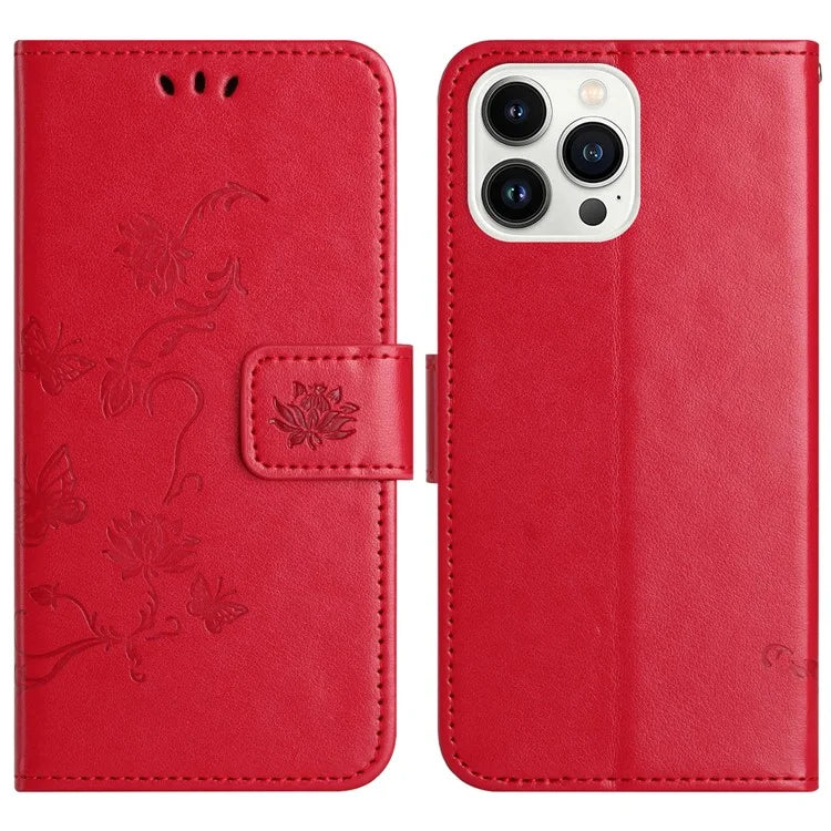 For iPhone 16 Pro Case PU Leather Wallet Phone Cover Butterfly Flower Pattern