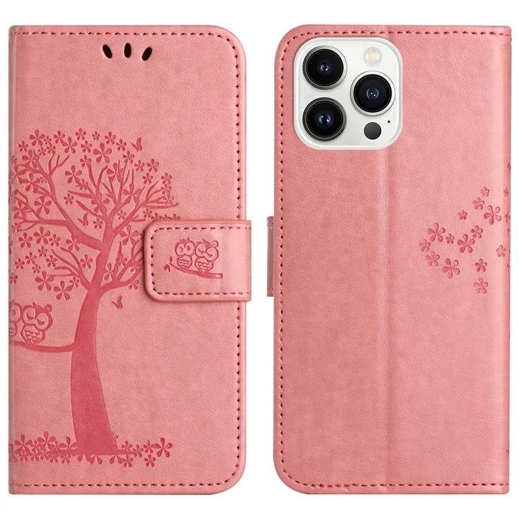 For iPhone 16 Pro Wallet Case PU Leather Owl Tree Imprinted Phone Cover