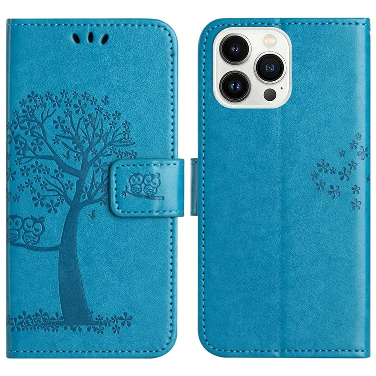 For iPhone 16 Pro Wallet Case PU Leather Owl Tree Imprinted Phone Cover