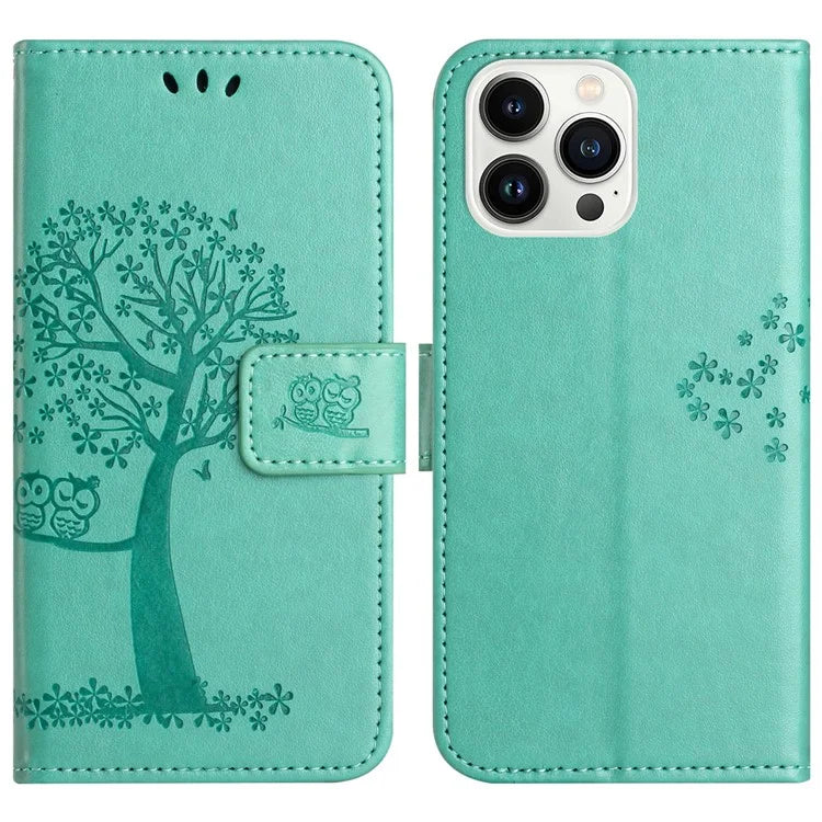 For iPhone 16 Pro Wallet Case PU Leather Owl Tree Imprinted Phone Cover