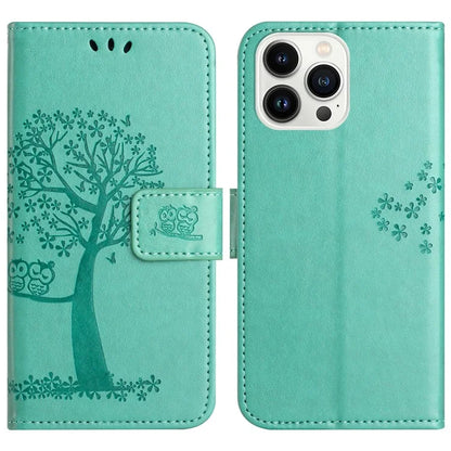 For iPhone 16 Pro Wallet Case PU Leather Owl Tree Imprinted Phone Cover