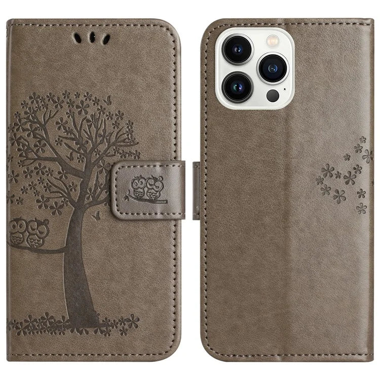 For iPhone 16 Pro Wallet Case PU Leather Owl Tree Imprinted Phone Cover