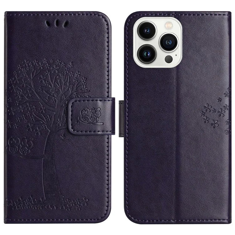 For iPhone 16 Pro Wallet Case PU Leather Owl Tree Imprinted Phone Cover