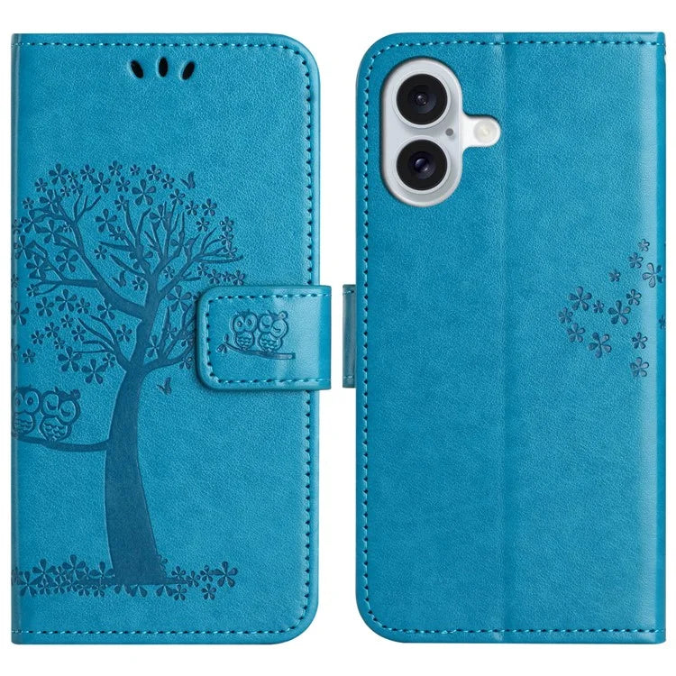 For iPhone 16 Case Wallet PU Leather Protective Phone Cover Owl Tree Pattern