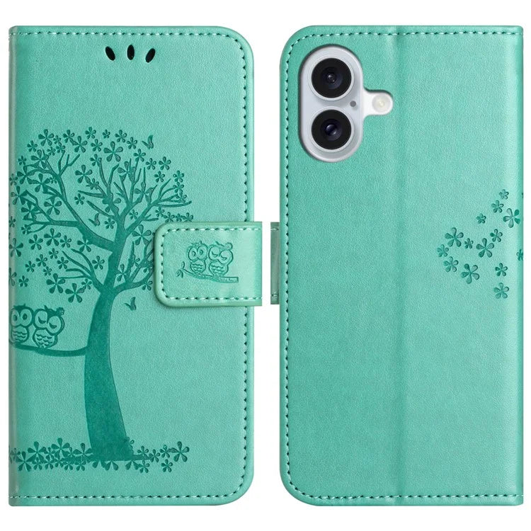 For iPhone 16 Case Wallet PU Leather Protective Phone Cover Owl Tree Pattern