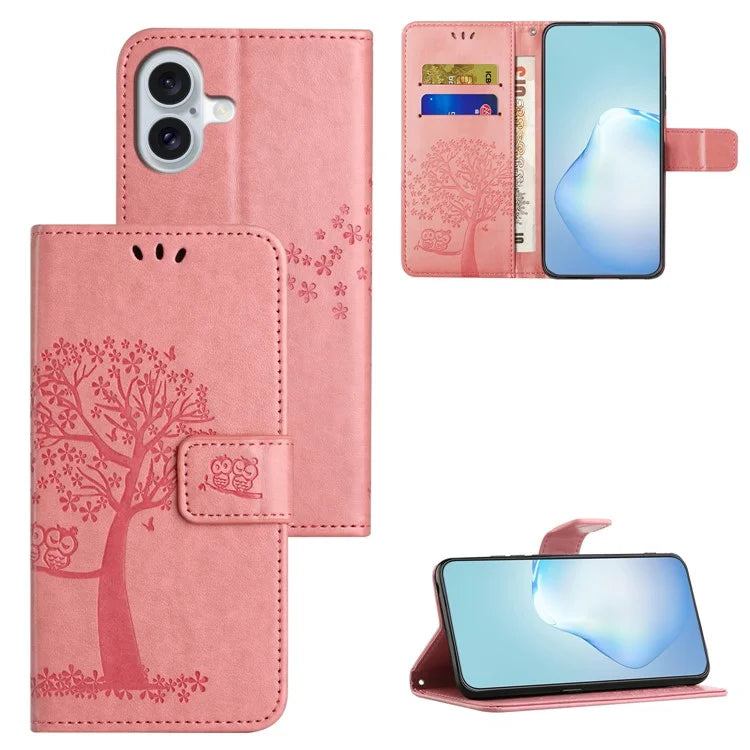 For iPhone 16 Case Wallet PU Leather Protective Phone Cover Owl Tree Pattern