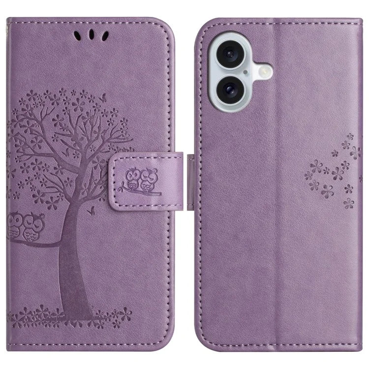 For iPhone 16 Case Wallet PU Leather Protective Phone Cover Owl Tree Pattern