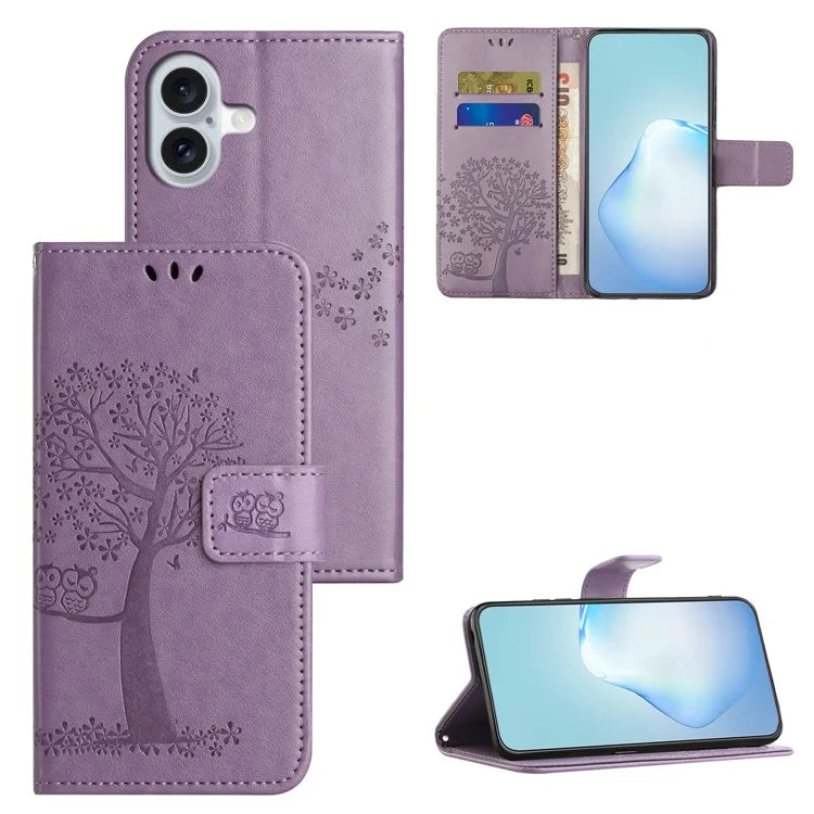 For iPhone 16 Case Wallet PU Leather Protective Phone Cover Owl Tree Pattern